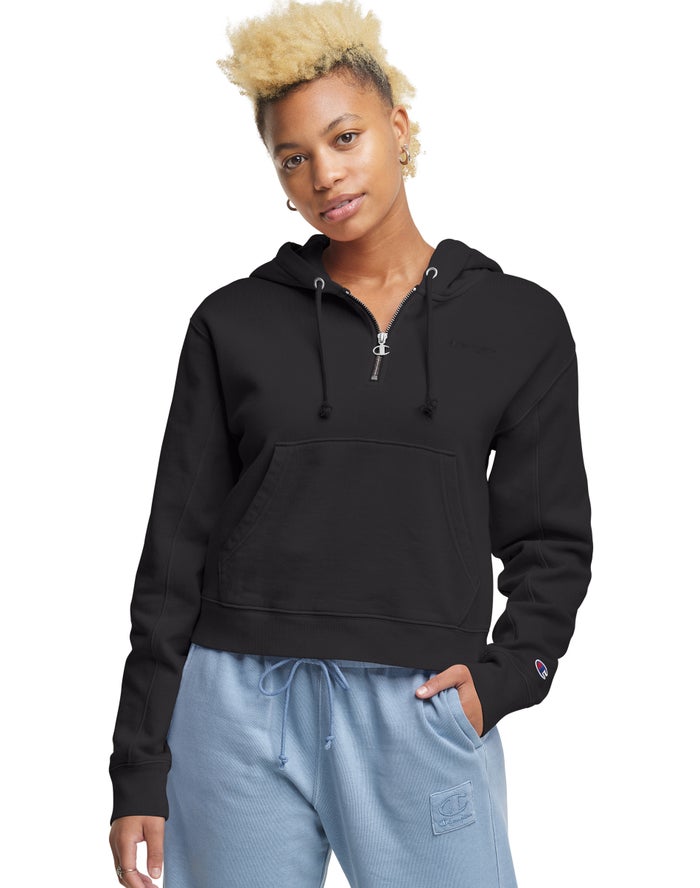 Champion Womens Hoodie NZ - Lightweight Fleece 1/2 Zip Black ( 7528-JNDQE )